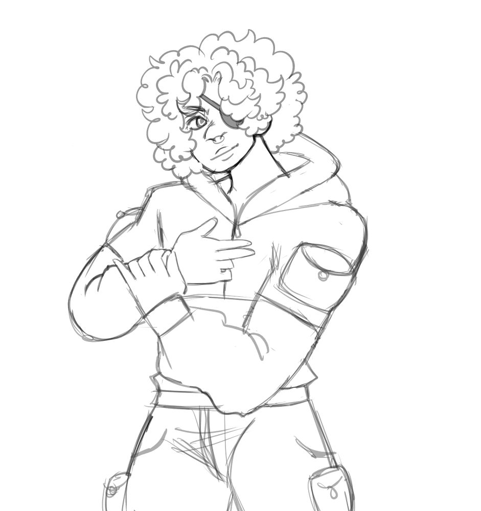 black and white sketch of khris, a man with a kinky afro and an eyepatch over one eye. he's posing by standing while holding his wrist, smirking at the viewer. he's wearing a hoodie and cargo pants.