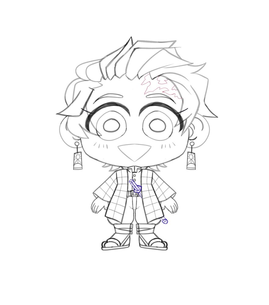 a black and white wip of a tiny chibi of tanjiro, facing the camera with a big smile on his face.