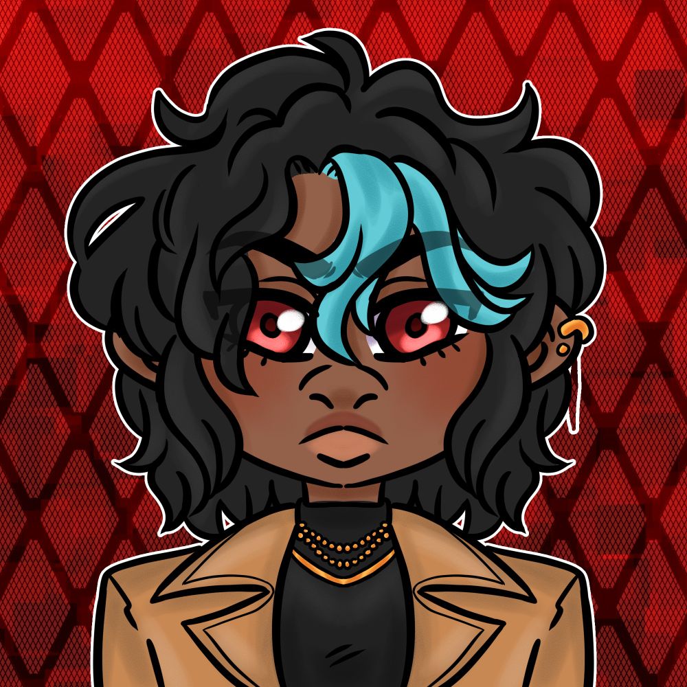 my oc cain (he/him). he has light brown skin, red eyes, and black wavy hair with a blue side bang. he's wearing a black turtleneck with a brown jacket on top.
