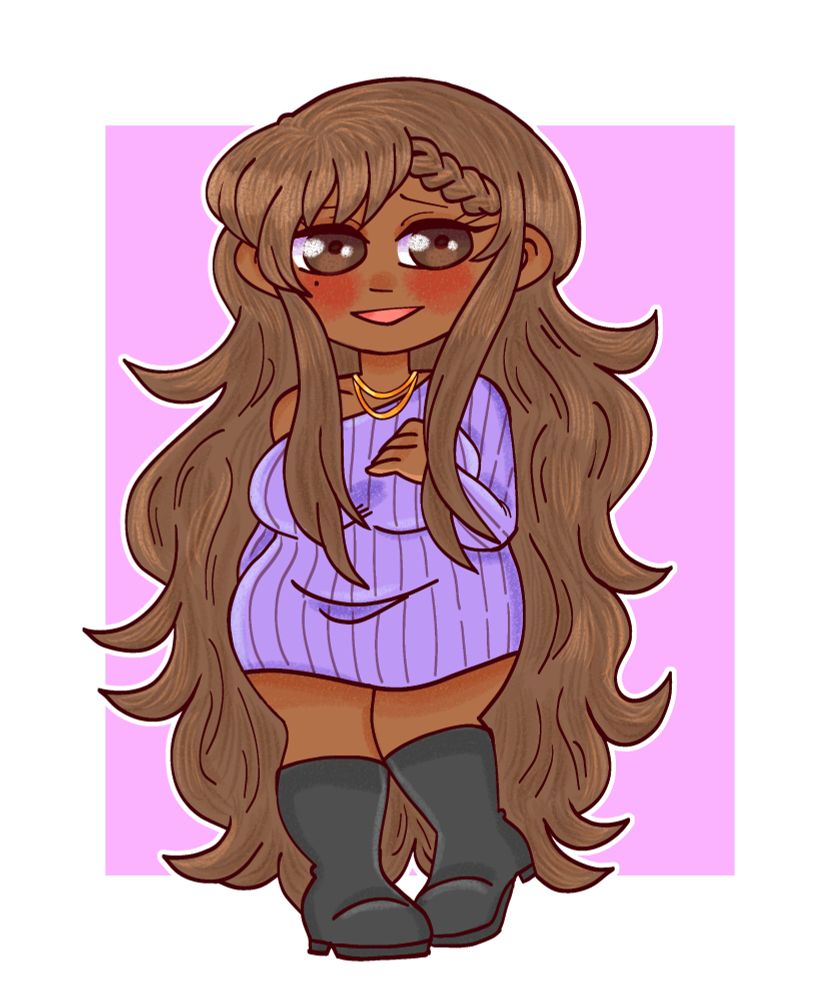 chibi of my oc tahlia. she has brown skin, long brown hair, and brown eyes. shes wearing a purple dress with black boots.