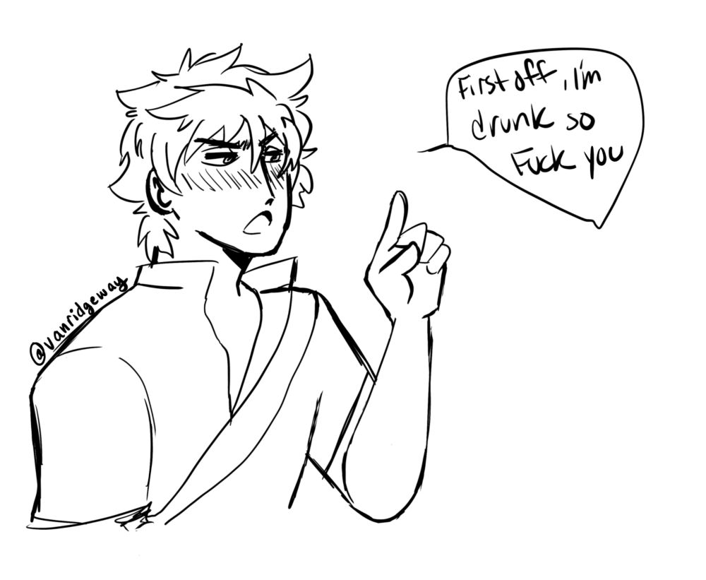 gintoki holding a finger up while saying "first off, im drunk so fuck you"