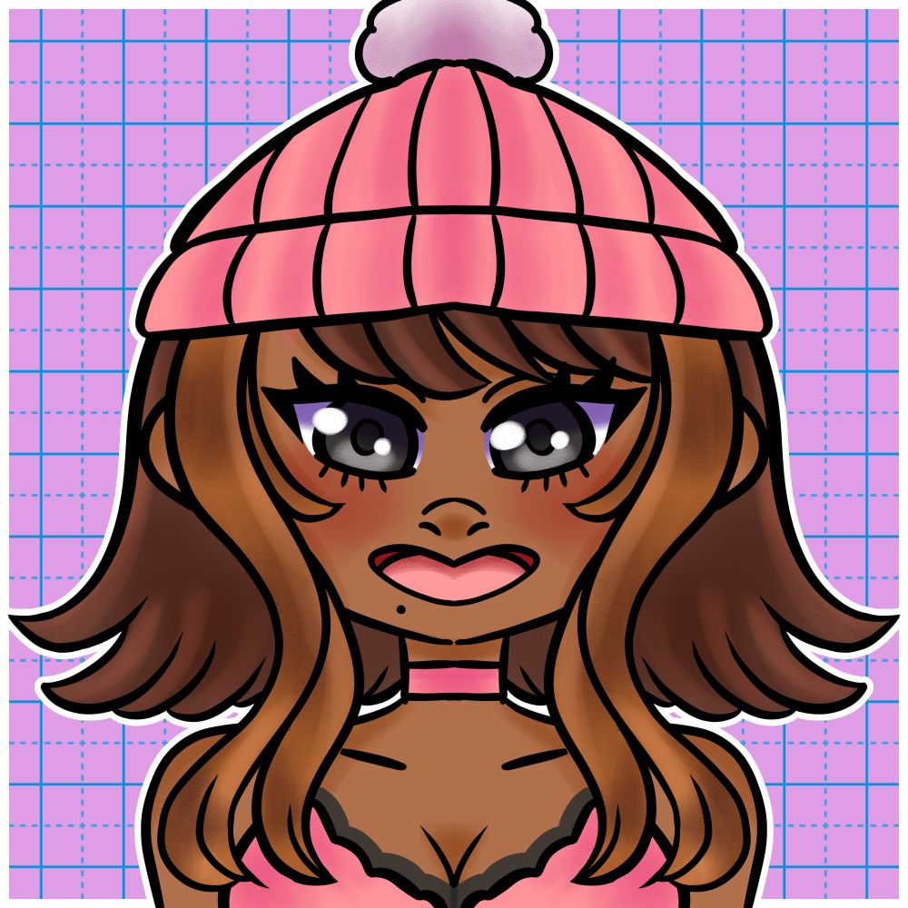 my oc delilah (she/her). she has light brown hair and dark brown hair with light side hair. she has grey eyes and a beauty mark under her lip. she's wearing a pink and black sleeveless shirt with a pink knit cap.
