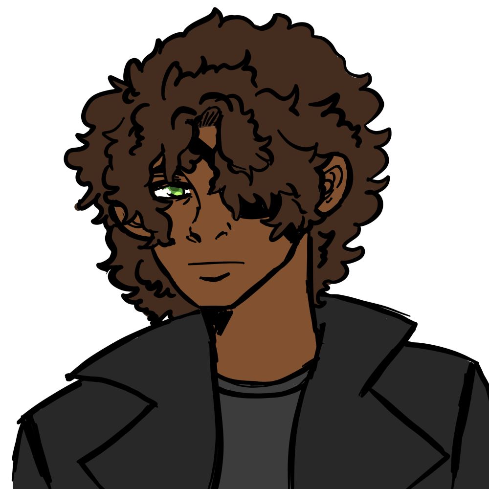 khris (he/him). brown skin, dark brown hair, and one green eye while the other is in an eyepatch