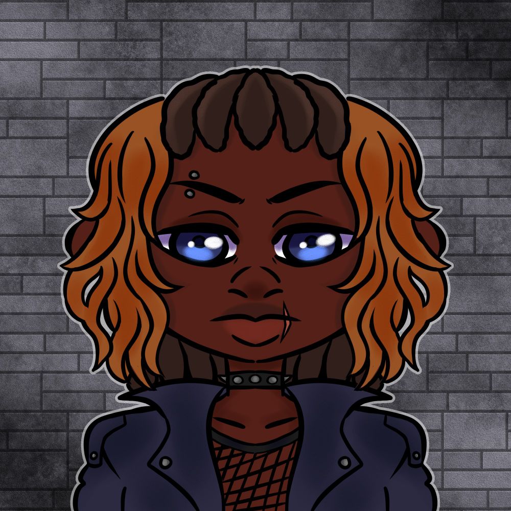 my oc kahlid (he/him). he has dark brown skin, blue eyes  and a scar on his lip. his hair are in dark brown cornrows, with bangs out on the side that are a lighter brown. he's wearing a dark jacket, open  with a fishnet top underneath.