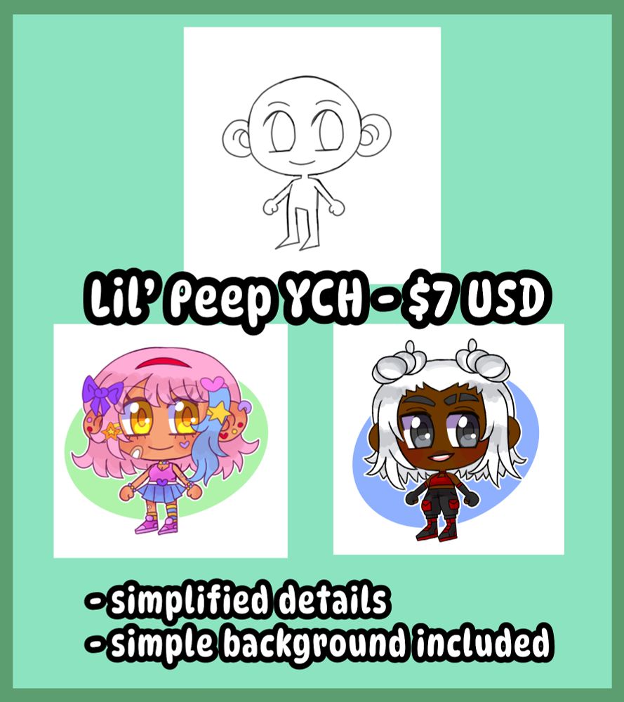 Lil Peep YCH comms. A mini chibi of a single character with a simple background. $7 USD each.