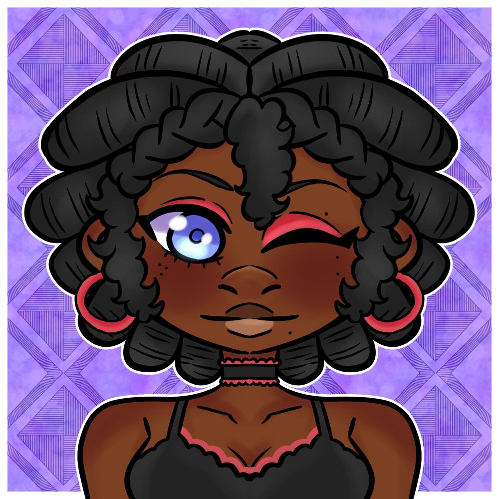 my oc clarissa (she/her). she's got dark skin, black hair in thick twists, and blue eyes. she's winking and smiling. she has several beauty marks all over her face. she's wearing a black top with pink lace.