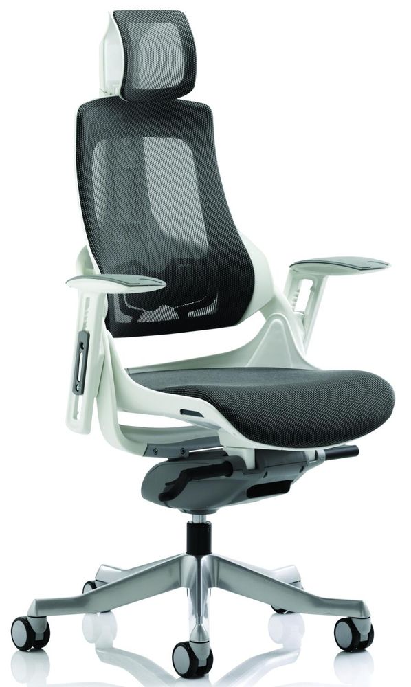 A grey and white ergonomic desk chair