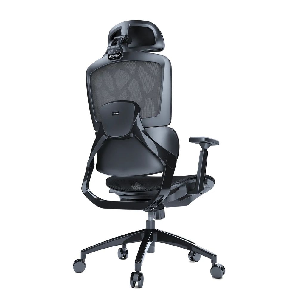The back view of a black ergonomic desk chair