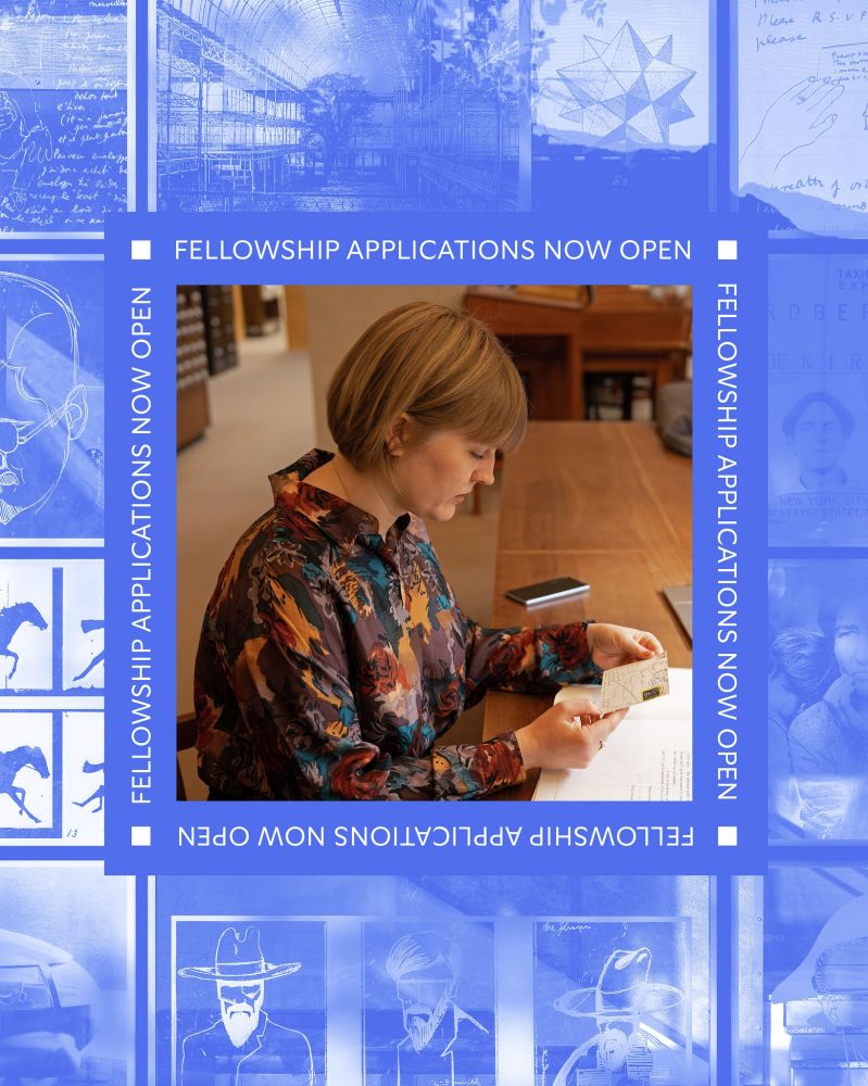 A scholar examines a postcard in the Harry Ransom Center's reading room. Her photo is framed by a blue square with "FELLOWSHIP APPLICATIONS ARE NOW OPEN" written on each side. That image is positioned in front of a section of the etched windows on the Ransom Center's first floor, which showcase highlights from our collections.

More info about the Ransom Center's fellowships: https://www.hrc.utexas.edu/fellowships/