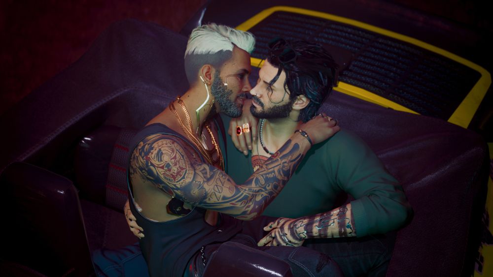 Cyberpunk 2077 screenshot of my V and Kerry Eurodyne, sitting in the back seat of the Porsche 911 Turbo Cabriolet. Kerry is sitting on V's lap  cuddling up to his face with his arms on V's shoulders, about to kiss him on the lips. V is holding on to Kerry's back with his right hand and Kerry's leg with his left hand.  