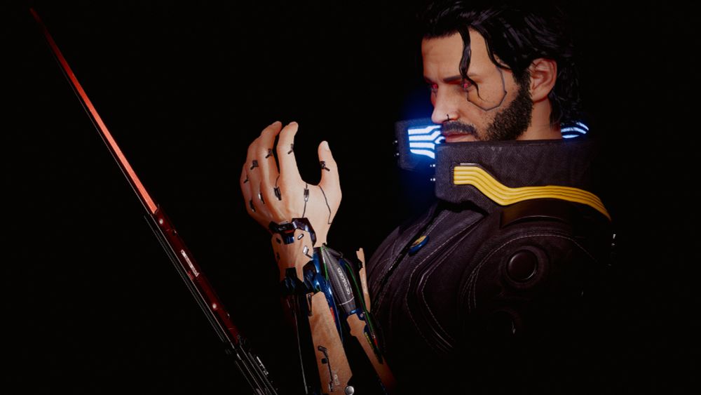 Screenshot of my Cyberpunk 2077 V with his left mantis blade activated and his eyes glowing red. 