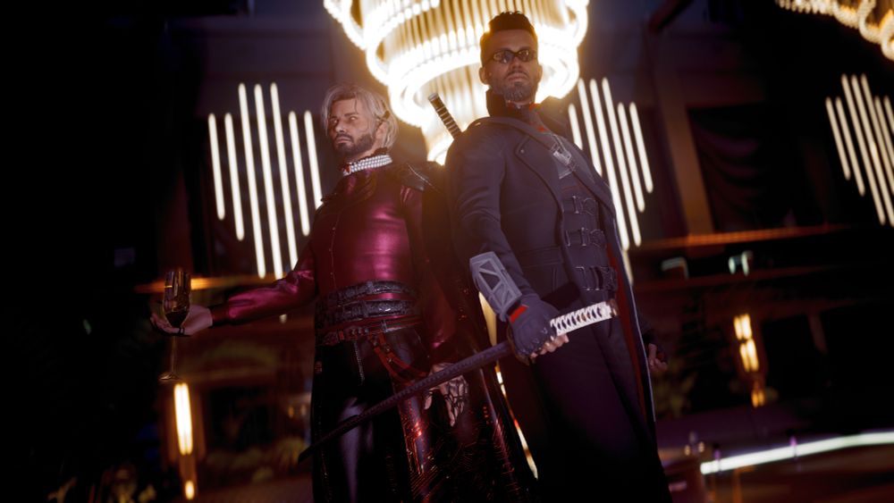 Cyberpunk 2077 screenshot of my V dressed up as a Vampire and Kerry Eurodyne dressed up as Blade from the Marvel comic books. They are standing side by side with V holding a glass of wine in one hand and Kerry holding a katana in one of his hands. 