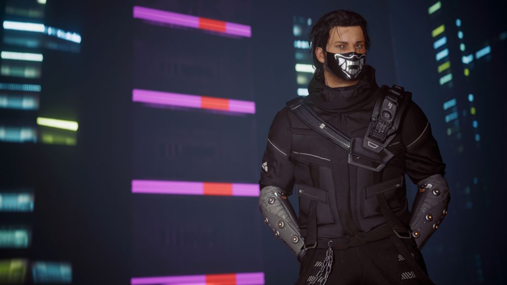 A screenshot of my Cyberpunk 2077 V wearing an all black techwear outfit with a black and white mask. 
