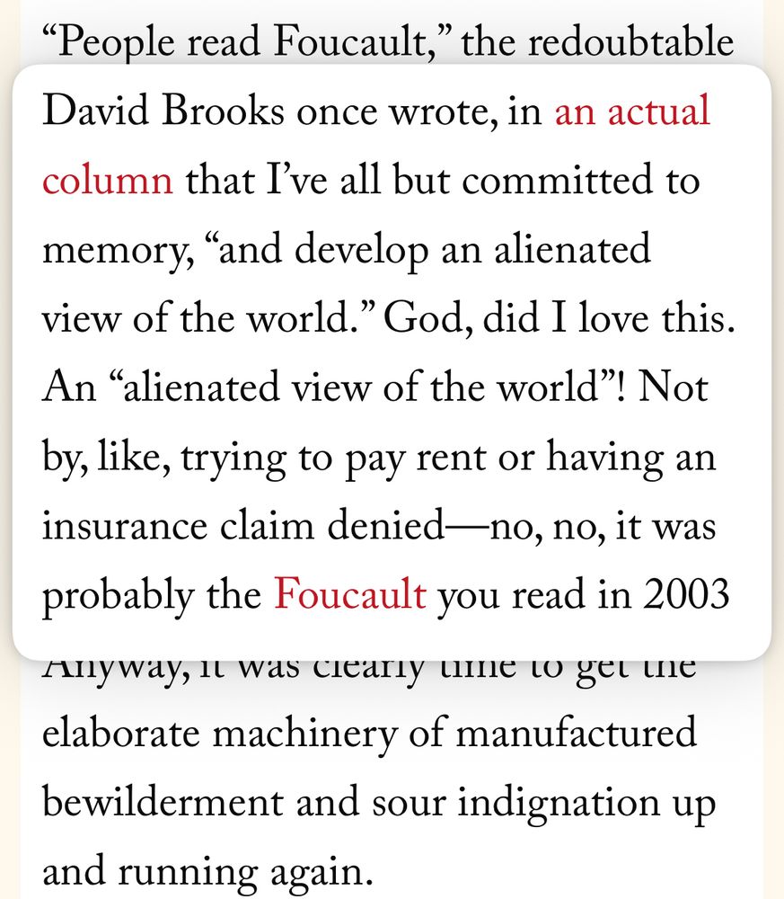 David Brooks once wrote, in an actual column that I've all but committed to memory, "and develop an alienated view of the world." God, did I love this.
An "alienated view of the world"! Not by, like, trying to pay rent or having an insurance claim denied—no, no, it was probably the Foucault you read in 2003