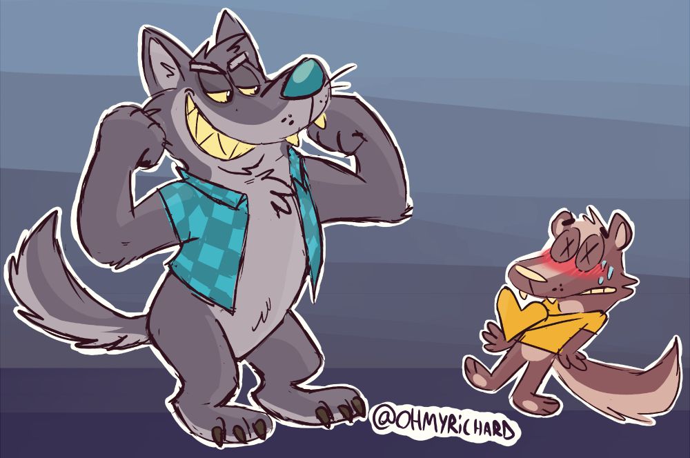 On the left is a very confident grey cartoon werewolf flexing and grinning at the flustered skunk on the right. The skunk's heart is beating out of his chest. Happy halloween

[Date created: 2017-10-29]