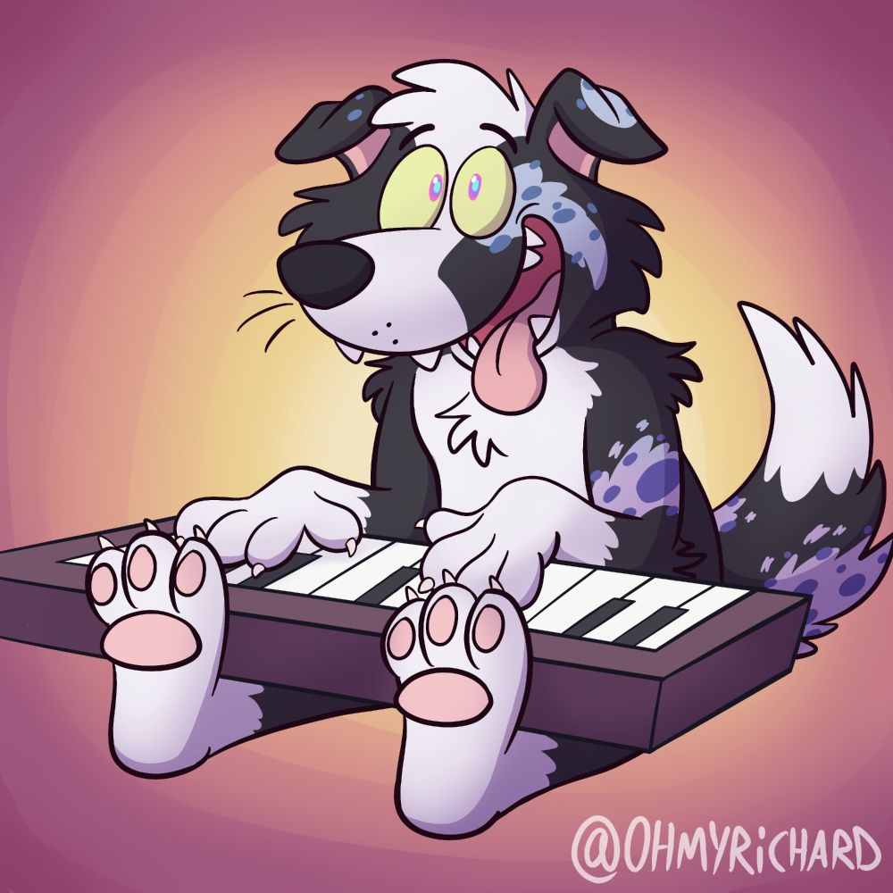 A Border Collie sitting on the ground, with a big ol' digital keyboard in his lap. They're looking up at the viewer with a happy, panting expression as they play their heart out. Also paws

🎨 Date Drawn: 2018-09-13
#ohmyrichardart #furry #furryart #bordercollie #dog