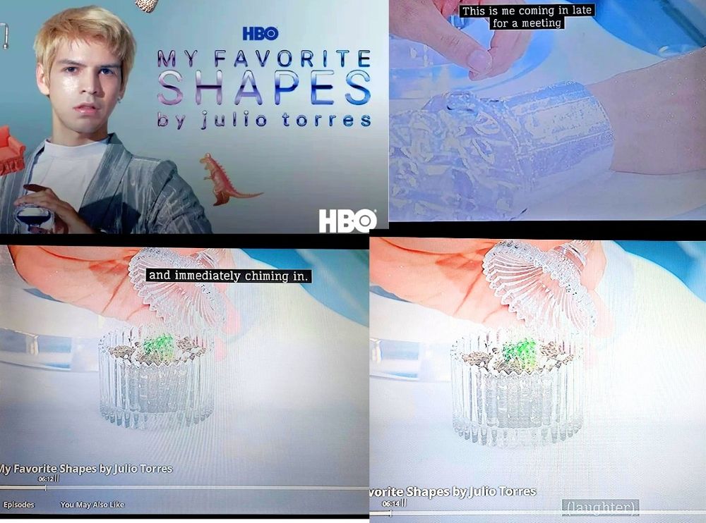 My Favorite Shapes by Julio Torres, closeup on a cactus in a crystal dish: "This is me coming in late for a meeting ...and immediately chiming in."