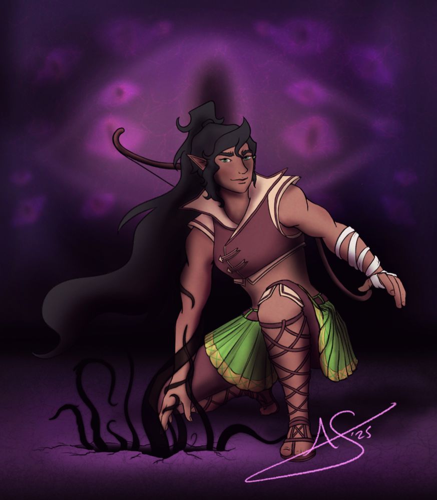 Digital drawing of a woman with long dark hair crouching. She wears a cropped top and a gladiator style skirt and sandals. Her right hand reaches down into smoky tentacles. Behind her out of focus are purply eyes.