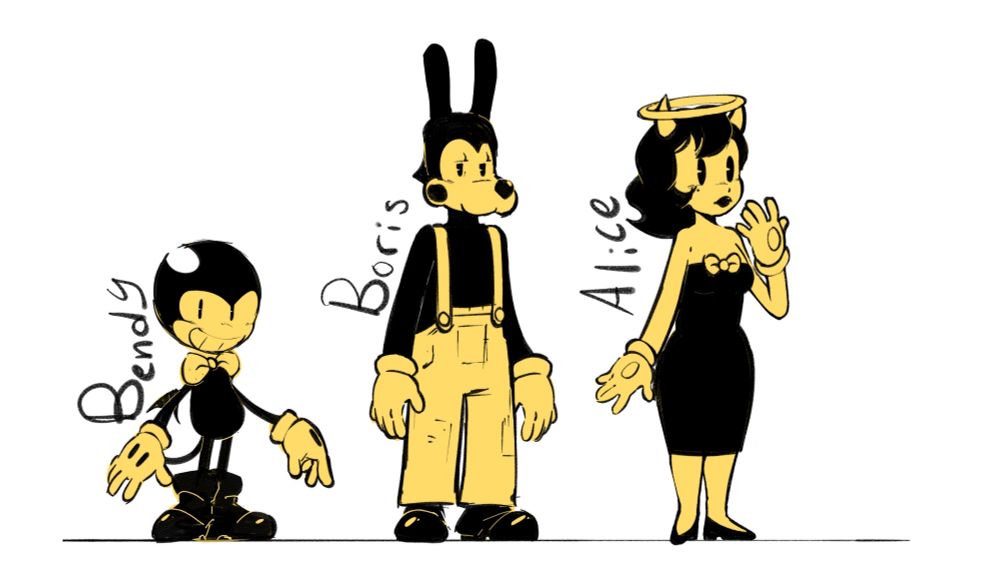Bendy the ink demon, boris the wolf, and Alice angel appear from the hit game bendy and the ink machine.