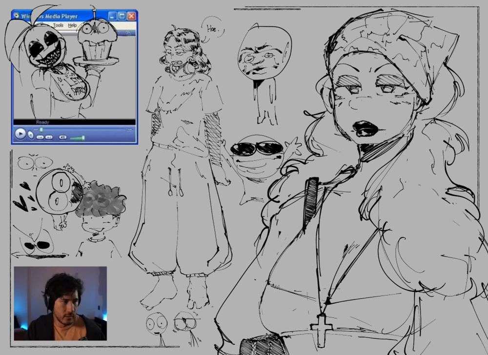 Chica from five nights at Freddy's makes a scary face, markiplier stares into the distance at the characters from the pronounced show: Dick Figures.