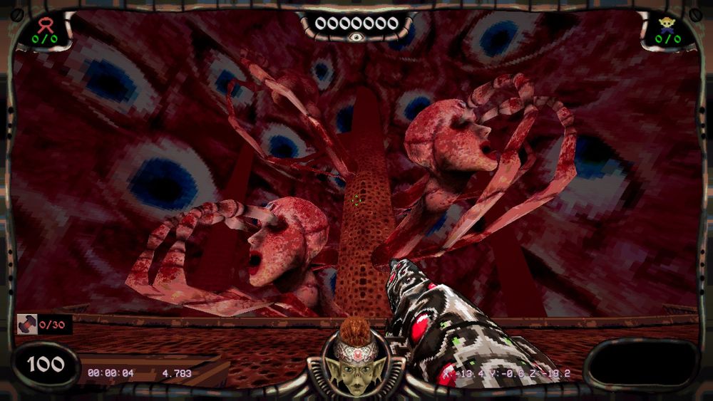 Giant fleshy heads in a background of floating eyes