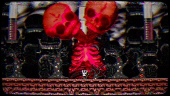Teocida (2021)
A small character on front of a giant floating two-head red children skeleton