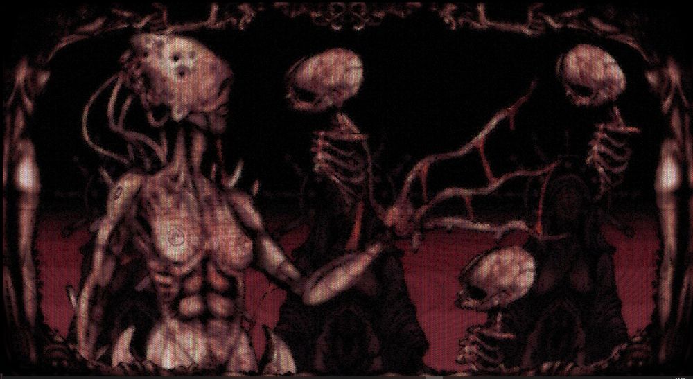 A female fleshy alien figure with 3 flying baby skeletons missing their lower half