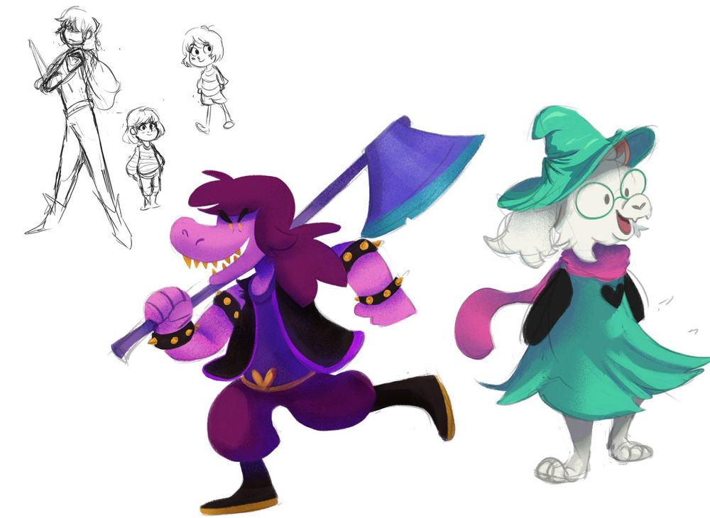 A stylized colored sketch of characters Susie and Ralsei from Deltarune, with separate sketches of Kris and Chara in the corner