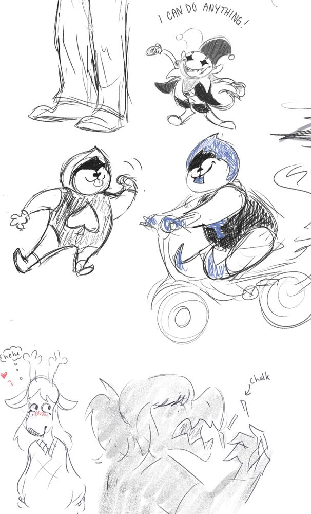 Sketches of Deltarune characters Lancer, Jevil, Noelle and Susie