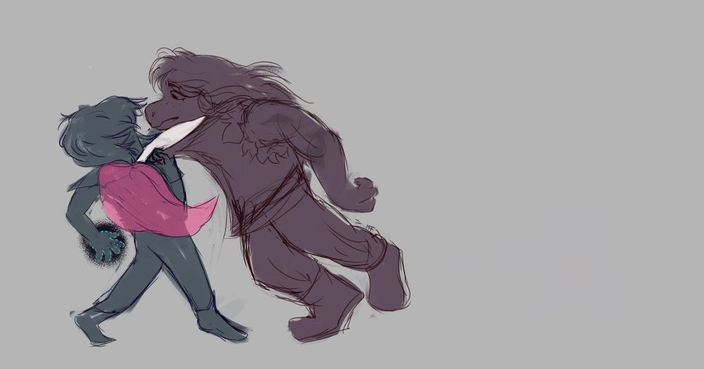 A digital drawing of Kris Dreemurr pulling Susie by her vest collar toward their face. Kris's other hand is outlined in cyan dashes against a black halo.
The negative space between them resembles a blade pointed towards Susie.