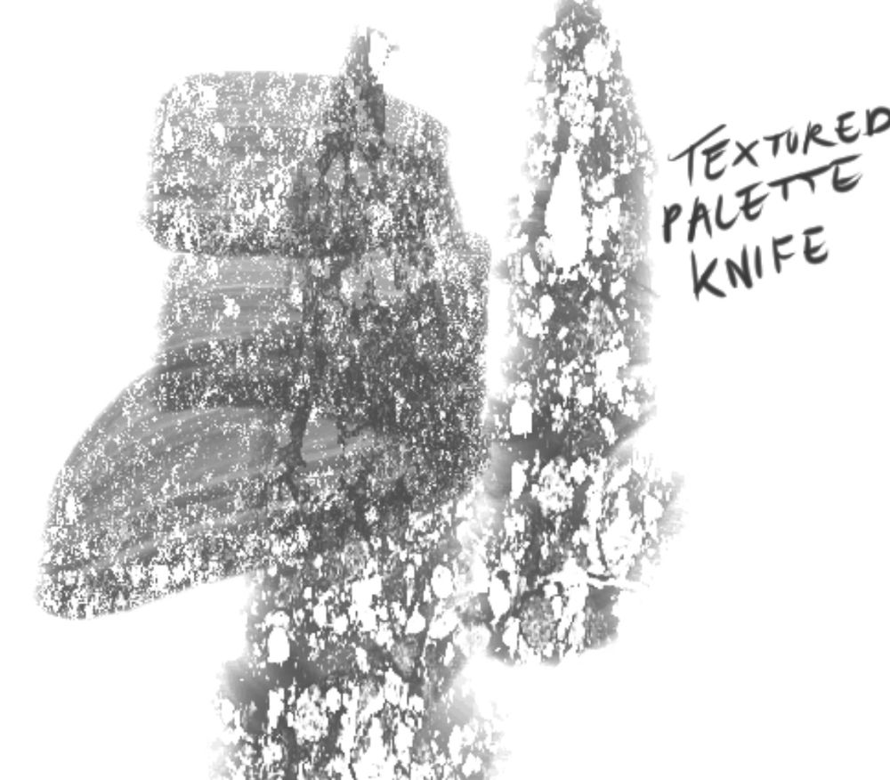 A digital brush texture sample of markings that look rough and porous, akin to a sponge imprint. A hand written label next to it says “Textured Palette Knife”