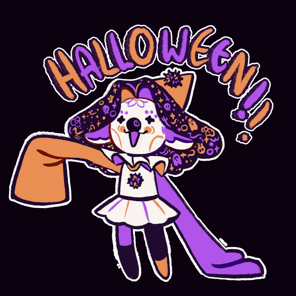 My sona but now Halloween themed, purple and orange colored, a mix between a clown and a calaverita