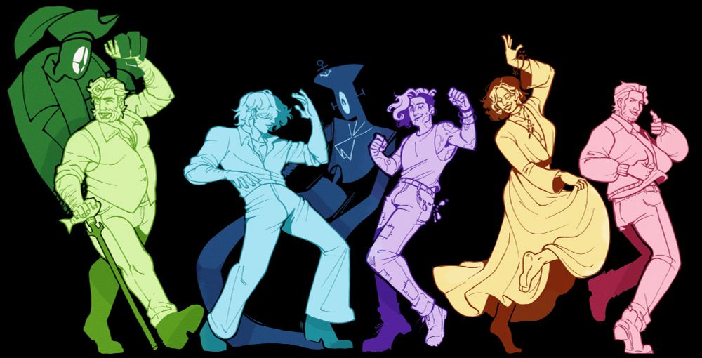 Drawing of my lil Del Mar pookies dancing 
[green] Capn seems to be dancing some sort of 1 person waltz, his movements are a lot less energetic then the others, due to his bad leg
[blue] Lewis and HLD are busting some 70's disco shit, he's probably a lil drunk he hates dancing in public
[purple] Grey does a lil shimmy, he would be the best dancer if it wasn't for the stone consuming him
[Yellow] Oro having fun with her dress, I like to imagine she dances quite elegantly despite growing up punk rock 
[Red] Two eyes, the fucking corniest of them all, is doing a finger gun at the viewer