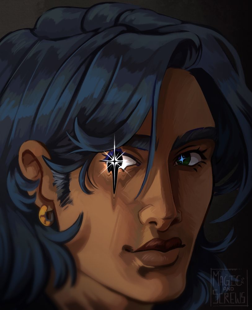 A portrait of Lewis, my oc, staring to the left with his normal normal eyes. his normal star eyes! #mynormaleyes 