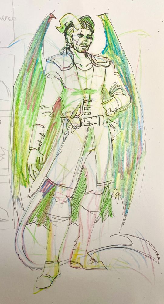 A very messy physical doodle of wyll ravengard with wings and a devil tail
His outfit is a slight mix of his cannon one and his old beta design one with an open coat thing- idk I miss the blue outfit