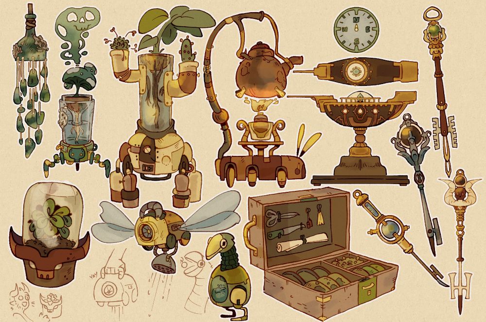 a collection of different items, all made of scrap or banged up and rusted. 
A wind chime made of a broken bottle and sea glass
2 potted plant with robotic caretakers as the bases
a bull like potted plant, made of clay. with a cover over it
a robot resembling a bee made to water plants
a robot resembling a parrot, to pick berries and fruits with its extending neck
a case full of odd tools and strange pots of plants and seeds
a bug like robot holding a tea kettle over a fire
a holographic compass situated inside a pirate ship model
4 small keys, all intricately decorated to match their owner
from top to bottom Rita, Dallas, Sam then Damien