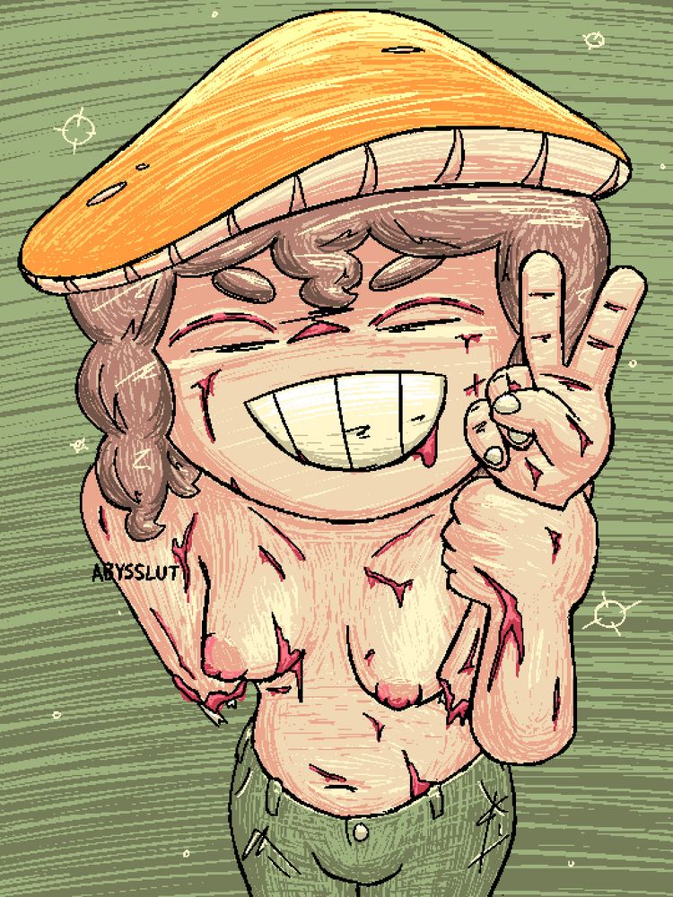 A zombie girlthing, Chelin. They're topless, with gashes all across their body. They have curly brown hair, green pants, and an orange mushroom cap atop their head. They're smiling widely at the viewer with their right arm ripped off. They're holding their right wrist in their left hand, with their right hand making a peace sign. Floating around them atop the green background are little spore particles.