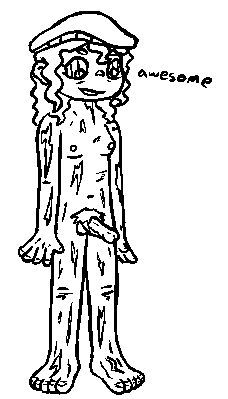 Same character, much more hastily sketched, fully naked with their dick out. They're saying "awesome".