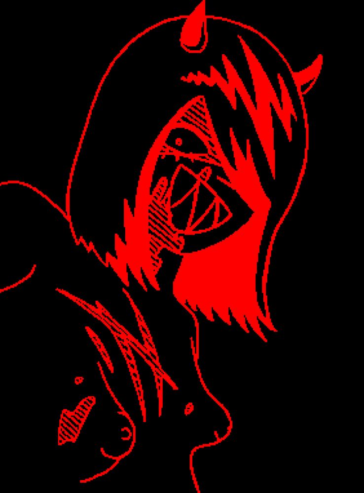 Demon with shoulder-length hair and small tits, grinning with sharp teeth at the viewer while covered in blood.