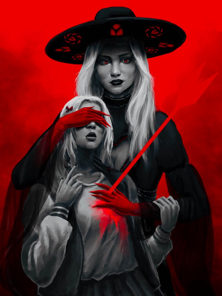 Wrestler Julia Hart, dressed in a black gown inspired by her ring outfit and a large hat with stained-glass-like cutouts, holding another version of herself dressed in a cheerleading outfit. The cheerleader has a deep red arrow embedded in her chest, being held - almost cradled - by her counterpart who is holding one hand on her chest around the arrow, and another over her eyes.
The cheerleader reaches up, holding her counterpart's arm with one hand, the other halfway to the other arm, unsure of wether she should resist or not. 