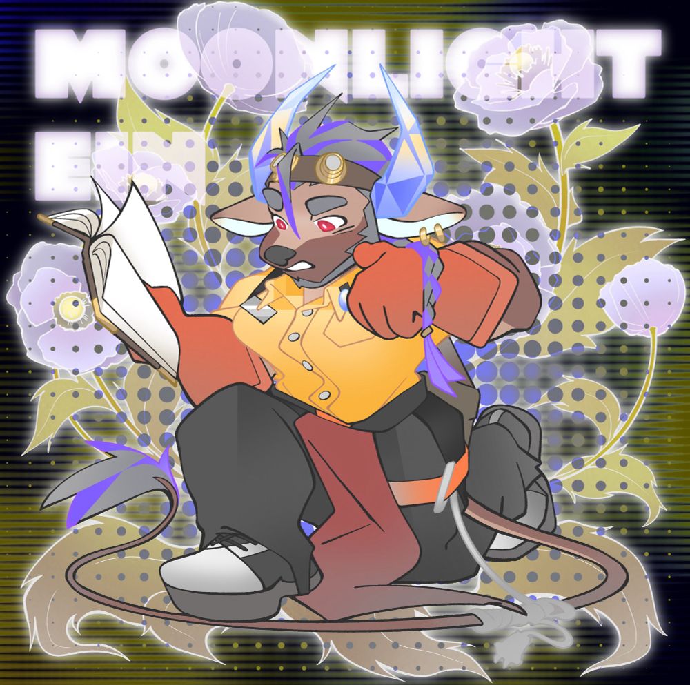 一位犄角是月光石的水牛工匠手持魔法工程书站在紫灰色的雪梨虞美人花丛中（夜晚版本）