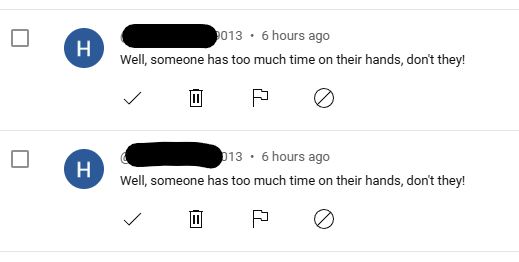 A screenshot of two comments in a row on one of my youtube videos, both from the same user, both saying the same thing: "Well, someone has too much time on their hands, don't they!"
