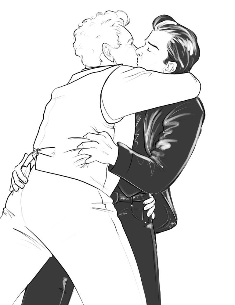 Aziraphale basically throwing himself at Crowley, hugging him with both arms and kissing him. Crowley pulls Aziraphale closer, grabbing the angel’s back with both hands.
