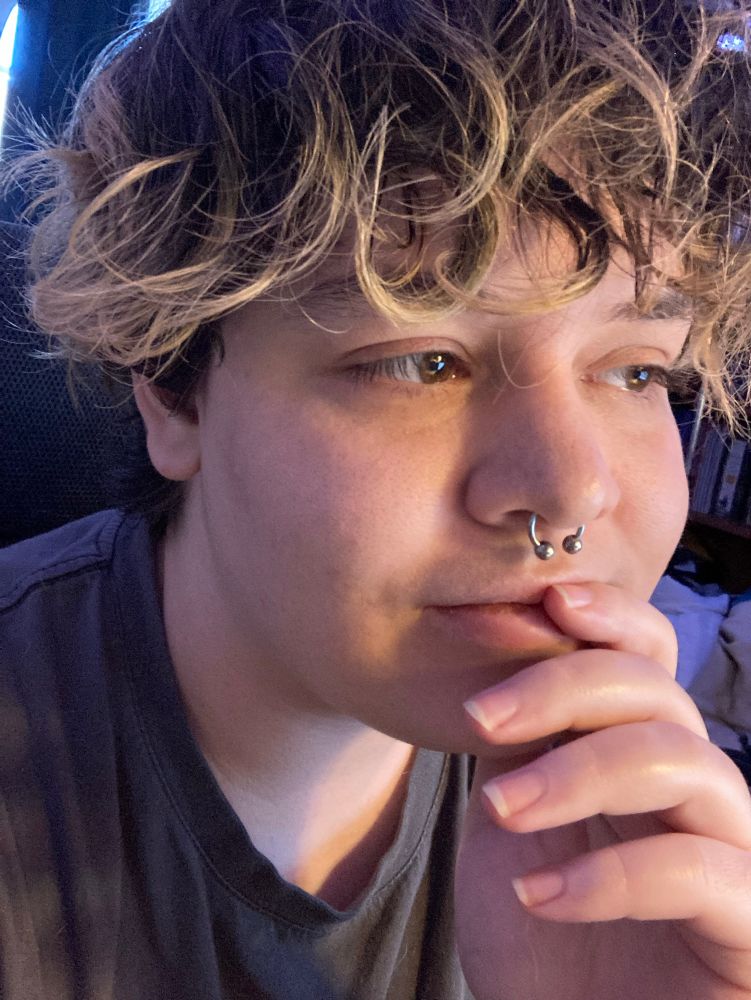 a photo of bat staring at his computer, looking sideways from the camera, one hand resting on his chin. bat has brown hair with blonde tips from a faded dye job, brown eyes, and a septum piercing. bat is wearing a grey shirt, and his hair is lightly curled.