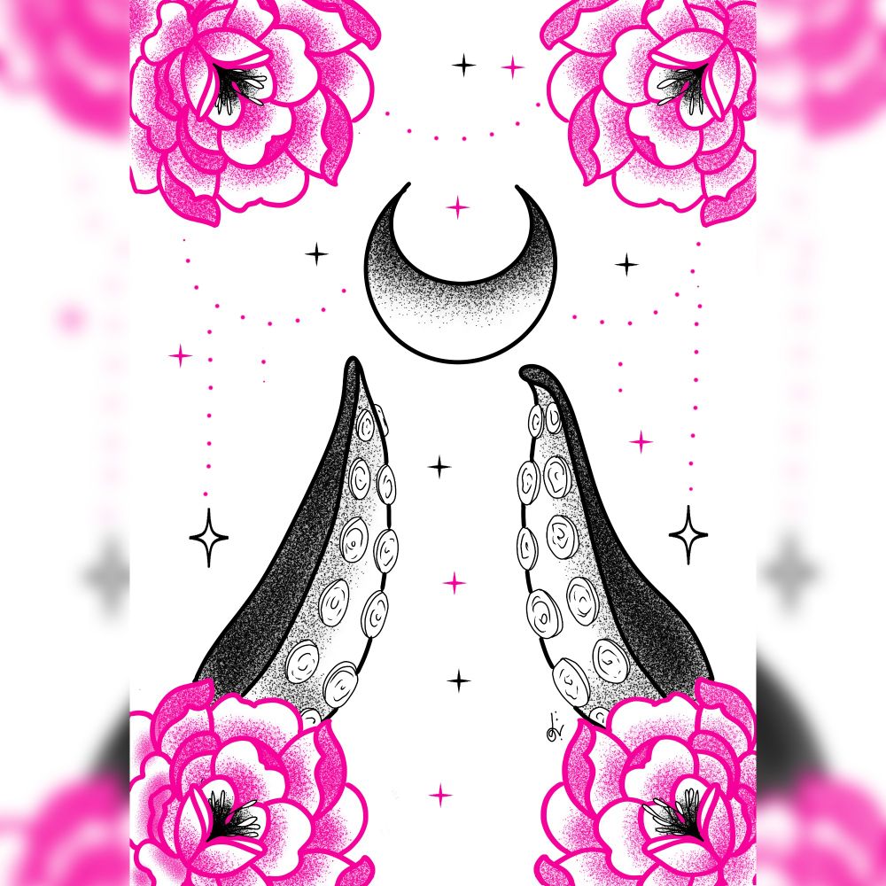 Dessin de 2 tentacules, un croissant de lune au milieu et aux 4 coins des fleurs magenta