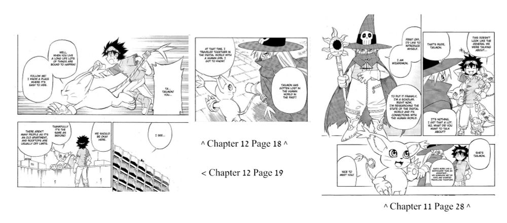 excerpts from chapter 11 page 28 and chapter 12 page 18/19 of the xross wars digimon manga, showing that the tailmon in it is in fact the same tailmon from the adventure anime, mentioning having been to the human world and getting to know a human girl there, who we can assume is hikari. she is introduced with wizarmon, who calls her his bodyguard/assistant. taken from https://mega.nz/file/UWxmnArB#ciJ7XpQMVRW2uxMBuF2Y5zDuXiv3d6H6ZkpcPVX2Lz4