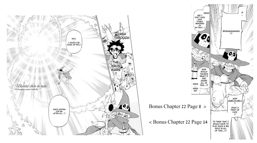 excerpts from the (bonus) chapter 22 pages 8/14 of the xross wars digimon manga, showing that wizarmon is still alive after sacrificing himself, has lost some of his memories when tailmon resurrected him, and that he intends to reunite with her. taken from https://mega.nz/file/UWxmnArB#ciJ7XpQMVRW2uxMBuF2Y5zDuXiv3d6H6ZkpcPVX2Lz4