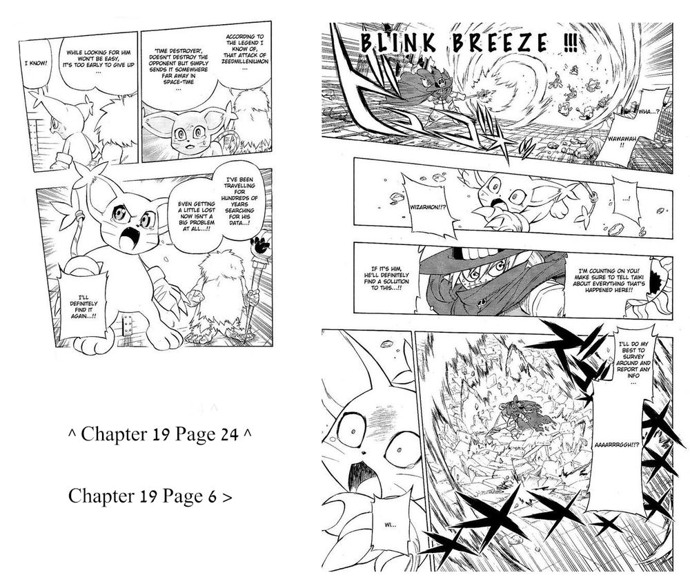 excerpts from chapter 19 pages 6/24 of the xross wars digimon manga, showing wizarmon sacrificing himself for tailmon and others (again), jijimon revealing he may still be alive afterwards, and tailmon revealing that she resurrected him before. taken from https://mega.nz/file/UWxmnArB#ciJ7XpQMVRW2uxMBuF2Y5zDuXiv3d6H6ZkpcPVX2Lz4