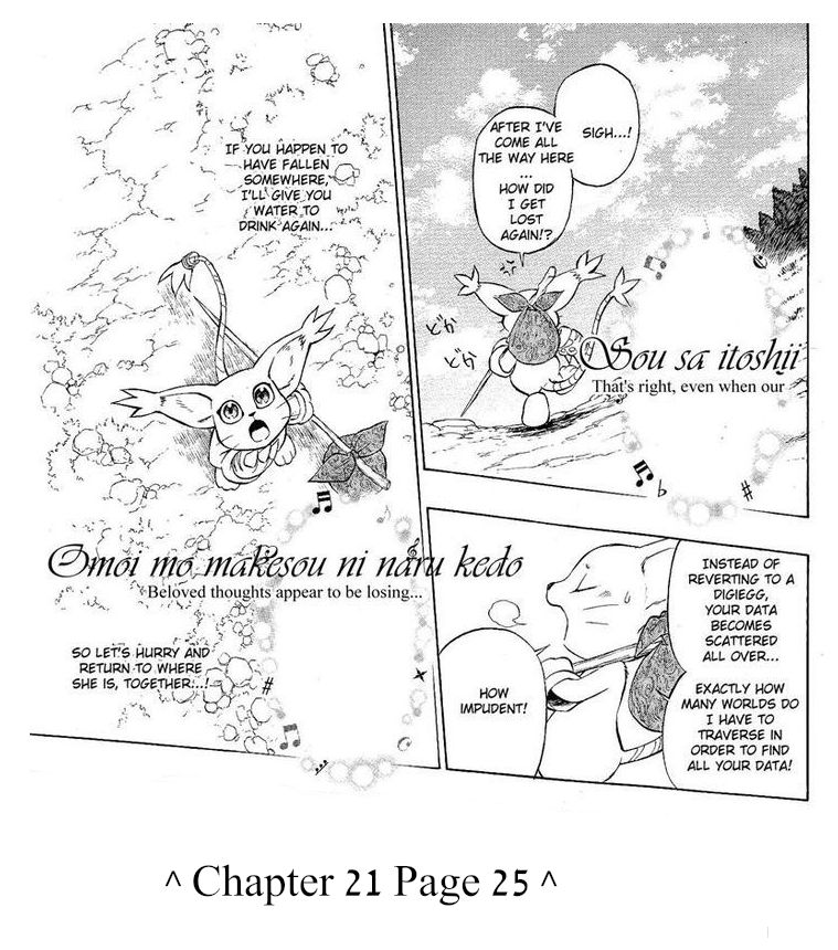 excerpts from chapter 21 page 25 of the xross wars digimon manga, where tailmon reveals that the wizarmon she was with is the same one from adventure, and that when he dies his data gets scattered instead of respawning normally and she intends to collect it to bring him back again. taken from https://mega.nz/file/UWxmnArB#ciJ7XpQMVRW2uxMBuF2Y5zDuXiv3d6H6ZkpcPVX2Lz4