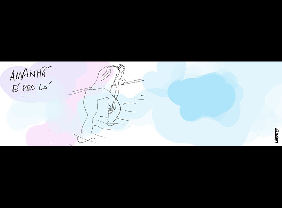 Tira de Laerte, em uma única imagem.
Uma pessoa sobe uma escada, apoiando-se no corrimão, como alguém cansada.
Um texto diz: “AMANHÃ É PRA LÁ”.